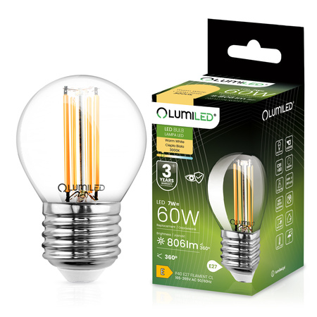 Żarówka LED E27 Kulka P45 7W = 60W 806lm 3000K Ciepła 360° FILAMENT LUMILED