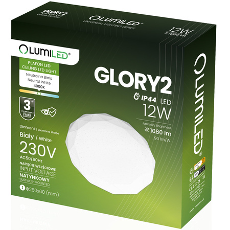Plafon LED Lampa Sufitowa Natynkowa 12W IP44 Okrągły GLORY 2 DIAMENT 26cm LUMILED