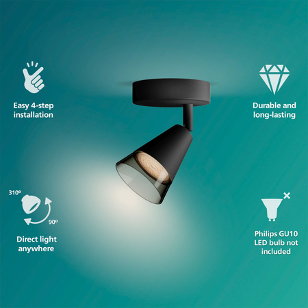 Lampa Ścienna Sufitowa Kinkiet GU10 Czarna Cleft Philips