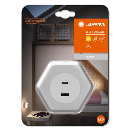 Lampka Nocna LED Z Wtyczką USB-A USB-C do Gniazdka 15W 4lm 3000K Ciepła z Czujnikiem Zmierzchu Biały Lunetta Ledvance