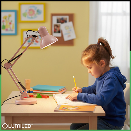 Lampka Biurkowa Kreślarska Stołowa E27 TOBI Pastelowy Różowy Lumiled + uchwyt na blat