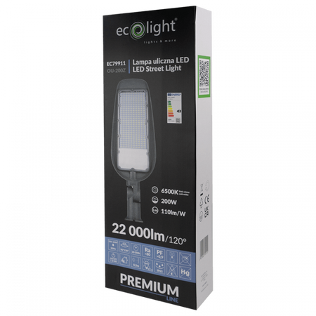 Lampa Uliczna Drogowa LED 200W 22000lm 6500K Zimna IP65 110lm/W PREMIUM Ecolight