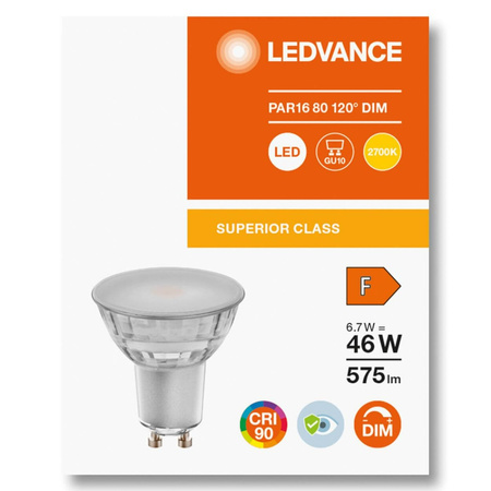 Żarówka LED GU10 6,7W = 48W 575lm 2700K Ciepła 120° CRI90 Ściemnialna Szklana LEDVANCE Superior