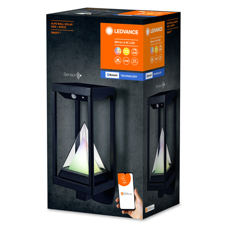 Lampa Solarna Zewnętrzna Inteligentny Kinkiet Elewacyjny 6W 400lm 3000K Ciepła RGB+W Ściemnialna IP44 Czarny SMART+ Bluetooth Alps Ledvance