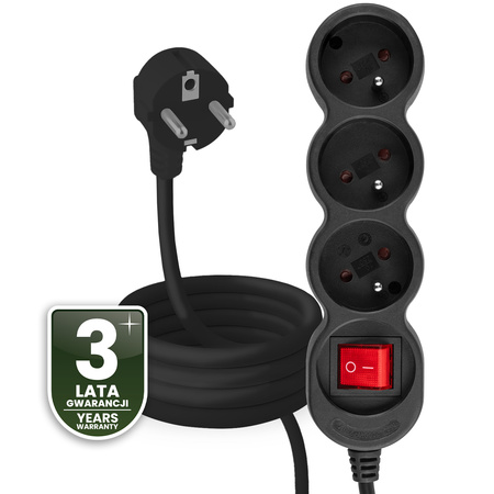 Przedłużacz Sieciowy Kabel z Uziemieniem Listwa Zasilająca 3 Gniazda 3m Włącznik ON/OFF Czarny Sznur Lendo Lumiled