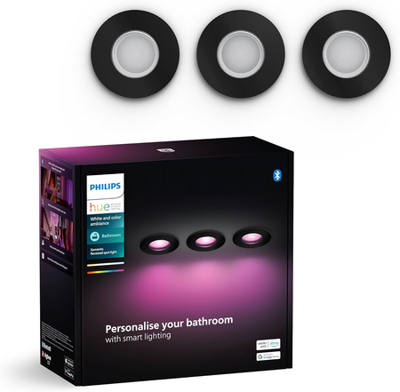 3x Oprawa Podtynkowa Wpuszczana LED Hermetyczna IP44 Łazienkowa 4.2W 400lm IP44 White and Color Ambiance RGB + TW Czarna Inteligentna SMART Zigbee Bluetooth Xamento Philips HUE