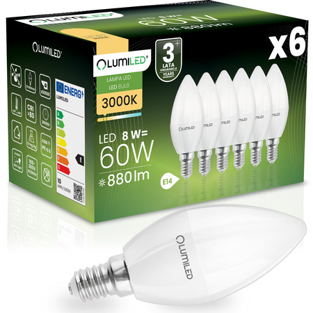 6x Żarówka LED E14 Świeczka B35 8W = 60W 880lm 3000K Ciepła 180° LUMILED