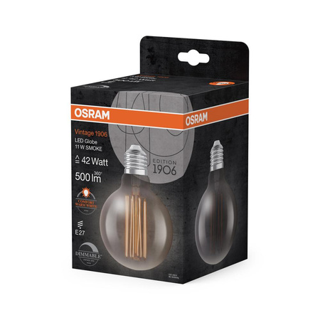 Żarówka LED Dekoracyjna G95 Kula E27 11W = 42W 500lm 1800K Ciepła 320° Dymiona Filament Ściemnialna Vintage 1906 Osram
