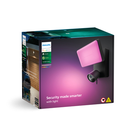 Naświetlacz LED Lampa 30.5W 2250lm IP44 White and Color Ambiance RGB + TW Czarna z Kamerą Zewnętrzną IP 1080p Full HD CMOS Inteligentna SMART Zigbee Secure Floodlight Camera Philips HUE