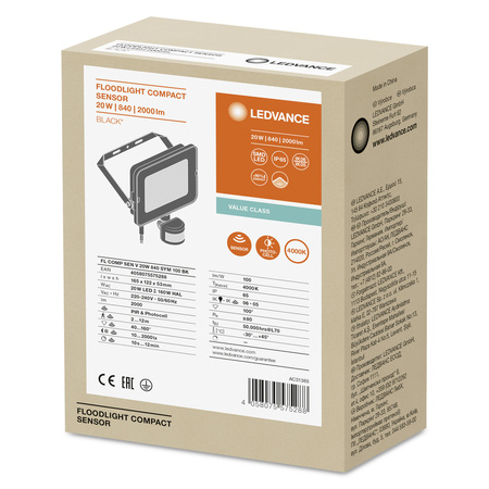 Naświetlacz LED 20W 2000lm 4000K IP65 Czarny z czujnikiem ruchu i zmierzchu LEDVANCE COMPACT V