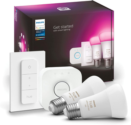 2x Żarówka LED E27 A60 11W = 75W 1055lm 2000-6500K CCT + RGB SMART Inteligentna Bluetooth ZigBee White and Color Ambiance + Mostek Bridge + Regulator PILOT Zestaw Startowy Philips HUE