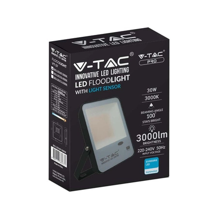 Naświetlacz LED 30W 3000lm 4000K IP65 Czarny z czujnikiem zmierzchu Samsung Chip VT-37 V-TAC
