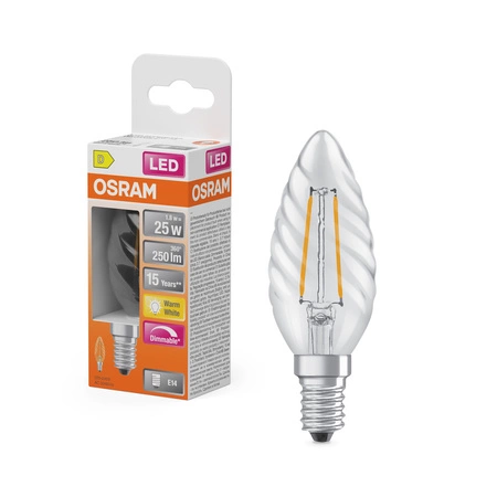Żarówka LED B35 E14 Świeczka 1.8W = 25W 250lm 2700K Ciepła 320° Filament Ściemnialna SUPERSTAR Osram
