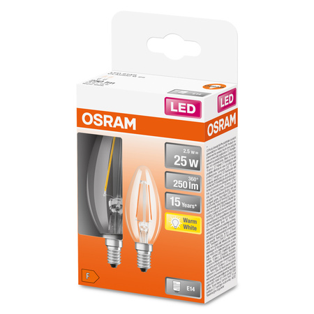 2x Żarówka LED B35 Świeczka E14 2.5W = 25W 250lm 2700K Ciepła 300° Retrofit Filament CLASSIC Osram