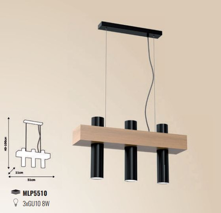 Lampa wisząca sufitowa WEST czarna 3x GU10 MILAGRO metal + drewno styl skandynawski