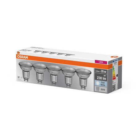 5x Żarówka LED PAR16 Reflektor GU10 2.6W = 35W 230lm 4000K Neutralna 36° BASE Osram