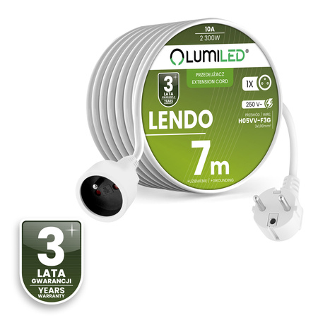 Przedłużacz Sieciowy Kabel z Uziemieniem Listwa Zasilająca 1 Gniazdo 7m Biały Sznur Lendo Lumiled