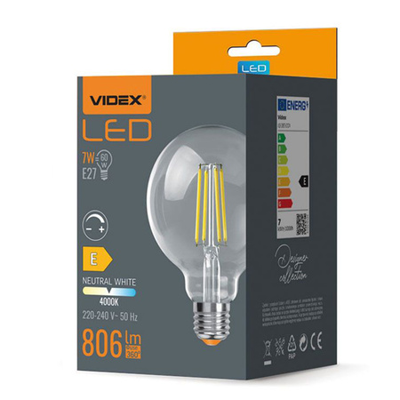 Żarówka LED E27 G95 Kula 7W = 60W 806lm 4000K Neutralna 360° FILAMENT Ściemnialna Videx