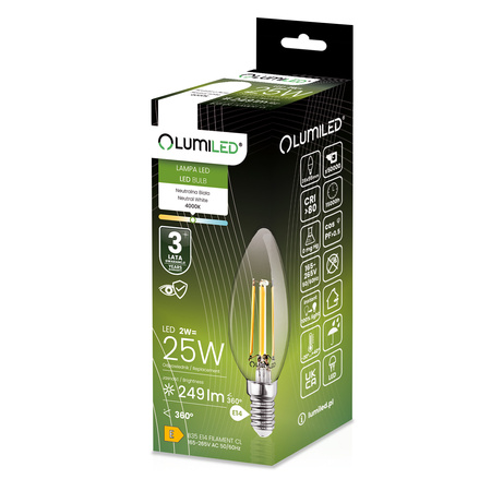 10x Żarówka LED E14 Świeczka B35 2W = 25W 249lm 4000K Neutralna 360° FILAMENT LUMILED