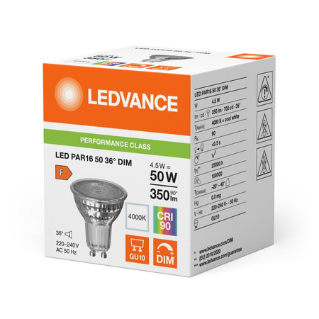 Żarówka LED PAR16 GU10 4.5W = 50W 350lm 4000K Neutralna Biała 36° ŚCIEMNIALNA LEDVANCE
