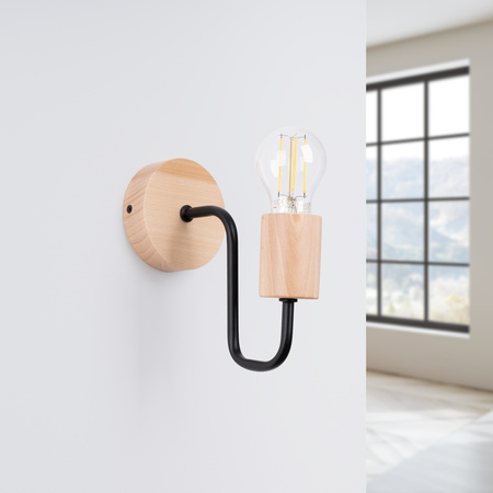 Lampa Ścienna Kinkiet 1x E27 Naturalne Drewno Czarna Timbo Peach Puff SL.1668 Sollux