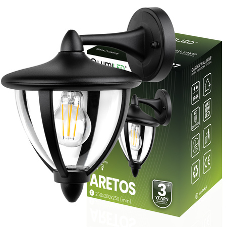 Lampa Ogrodowa Ścienna Zewnętrzna Kinkiet Elewacyjny E27 LED Latarnia Czarna ARETOS LUMILED