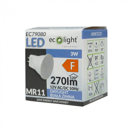Żarówka LED Reflektor MR11 3W 270lm 6500K Zimna 12V Ecolight