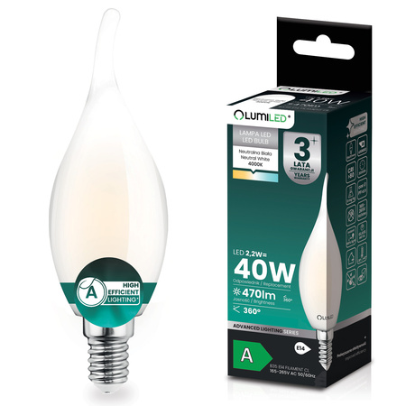 Żarówka LED E14 Świeczka BA35 2,2W 470lm = 40W 4000K Neutralna 360° Filament KLASA A LUMILED