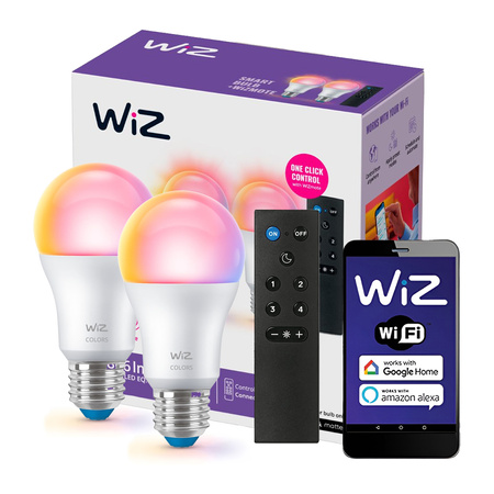 2x Żarówka LED E27 A60 8,5W = 60W 2200-6500K + RGB + Pilot SMART WiFi WiZ