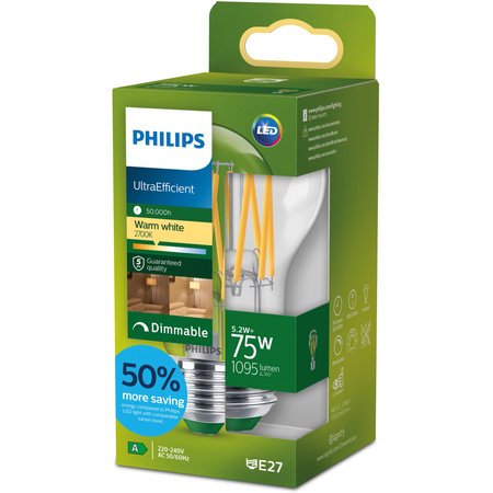 Żarówka LED E27 A60 5.2W = 75W 1095lm 212lm/W 2700K Ciepła 300° KLASA A Ściemnialna UltraEfficient Philips