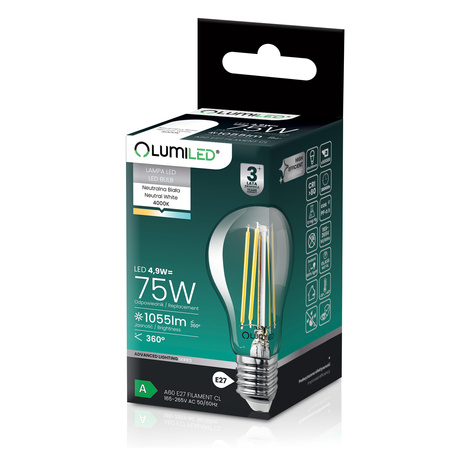 6x Żarówka LED E27 A60 4,9W 1055lm = 75W 4000K Neutralna 360° Filament KLASA A LUMILED
