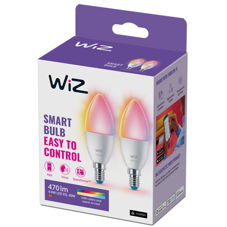 2x Żarówka LED E14 Świeczka C37 4.9W = 40W 470lm 2200-6500K RGB + TW Inteligentna SMART WiFi Bluetooth Aplikacja WiZ