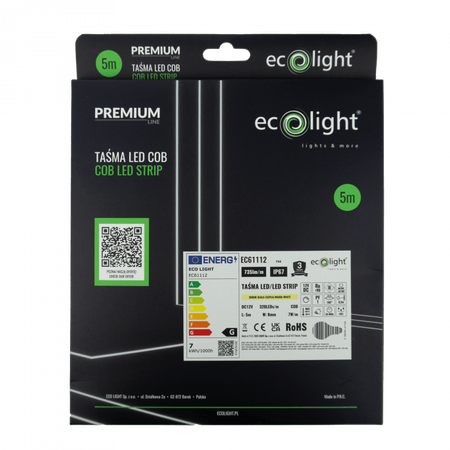 Taśma LED Pasek COB 7W/m 735lm/m 320LED/m 12V 3000K Ciepła IP67 Rolka 5m Ecolight