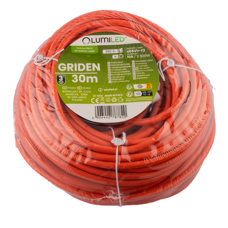 Przedłużacz Ogrodowy Kabel Budowlany Pojedynczy 1 Gniazdo 30m Pomarańczowy Sznur GRIDEN Lumiled
