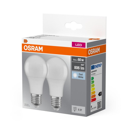 2x Żarówka LED A60 E27 8W = 60W 806lm 4000K Neutralna 150° BASE Osram