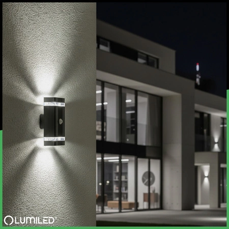 Lampa Ogrodowa Kinkiet Elewacyjny góra dół 2x GU10 Czarny Czujnik Ruchu i Zmierzchu IP54 HEDERA LUMILED