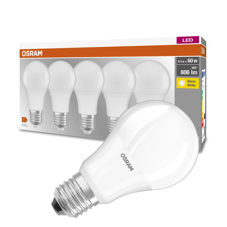 5PAK Żarówka LED E27 A60 8,5W = 60W 806lm 2700K Ciepła 300° OSRAM Base