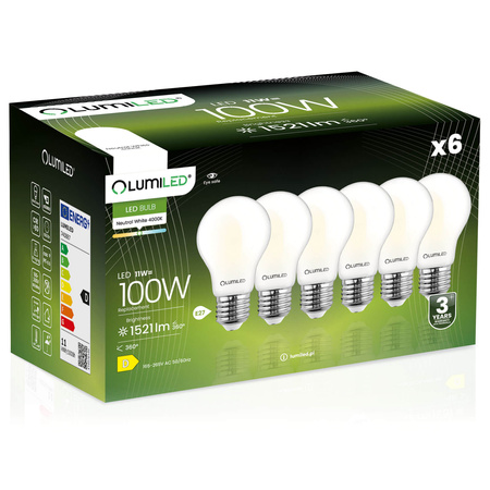 Zestaw 6x Żarówka LED E27 A60 11W = 100W 1521lm 4000K Neutralna 360° Filament Mleczna LUMILED