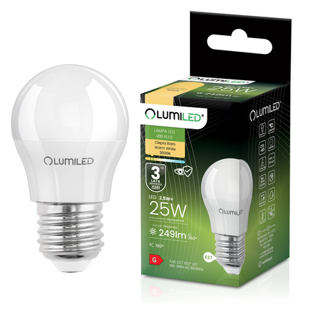 Żarówka LED E27 Kulka P45 2,5W = 25W 249lm 3000K Ciepła 180° LUMILED