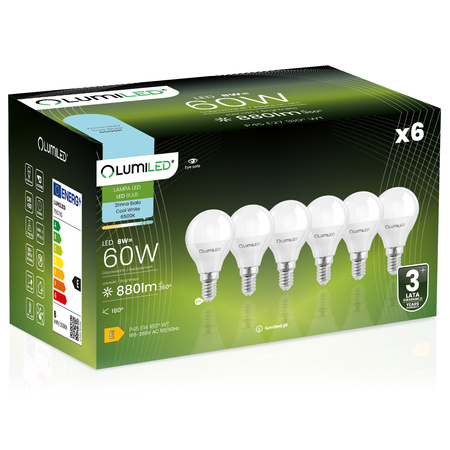 6x Żarówka LED E14 Kulka P45 8W = 60W 880lm 6500K Zimna 180° LUMILED
