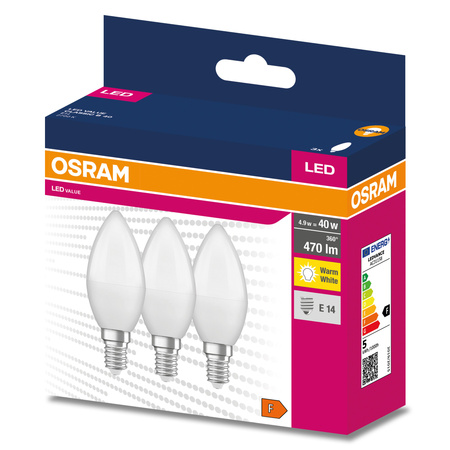 3x Żarówka LED B37 Świeczka E14 4.9W = 40W 470lm 2700K Ciepła 200° VALUE CLASSIC Osram