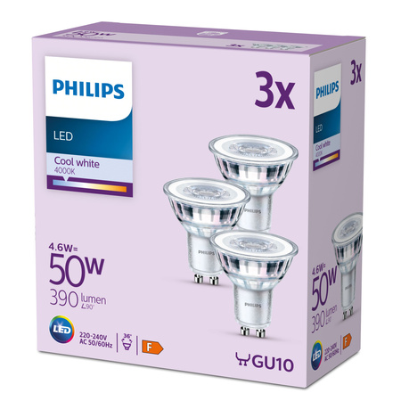 3x Żarówka LED GU10 Reflektor PAR16 4.6W = 50W 390lm 4000K Neutralna 36° EC Multipack Philips