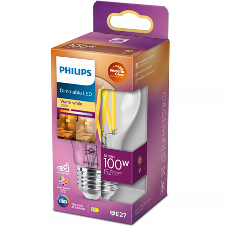 Żarówka LED E27 A60 10.5W = 100W 1521lm 2200-2700K Ciepła CRI90 FILAMENT Ściemnialna WarmGlow Philips