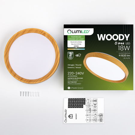 Plafon LED Panel Natynkowy Lampa Sufitowa Oprawa WOODY 18W 4000K Okrągły IP44 27cm LUMILED