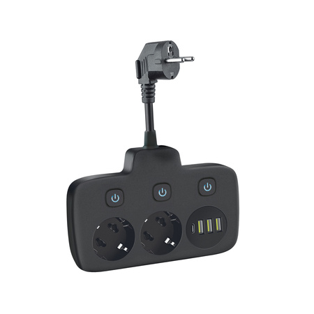 Rozgałęźnik KOBI LINEA FL 2x230V Uziemienie 3 Wyłączniki 4xUSB Czarny