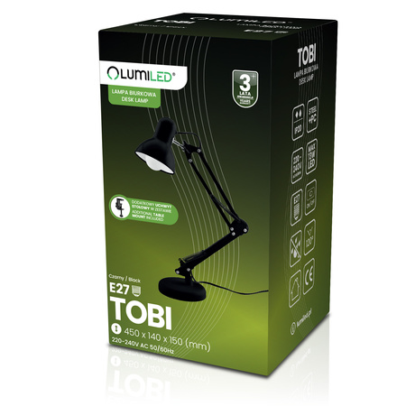 Lampka Biurkowa Kreślarska Stołowa E27 TOBI Czarna Lumiled + Uchwyt na Blat