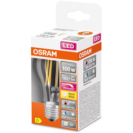 Żarówka LED A60 E27 11W = 100W 1521lm 2700K Ciepła CRI90 300° Filament Ściemnialna SUPERSTAR PLUS CLASSIC Osram