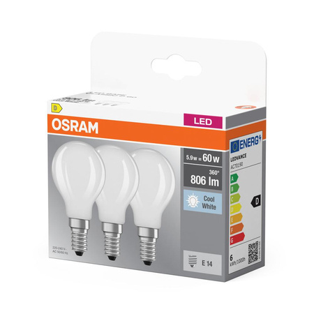 3x Żarówka LED P45 Kulka E14 5.5W = 60W 806lm 4000K Neutralna 300° BASE Osram