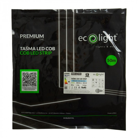 Taśma LED Pasek COB 9W/m 990lm/m 480LED/m 24V 6000K Zimna IP20 Rolka 50m Ecolight