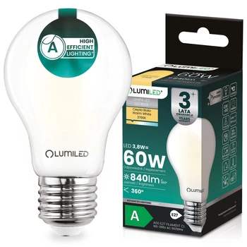Żarówka LED E27 A60 3,8W 840lm = 60W 2700K Ciepła 360° Filament KLASA A LUMILED